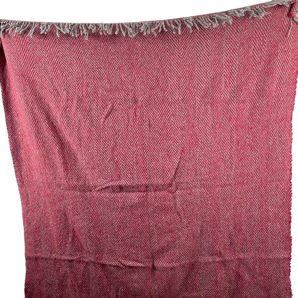 Woolmark Pure New Wool‎ Herringbone Throw Blanket Red Grey Fringe Made in Italy